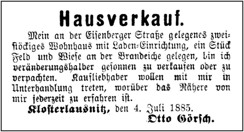 1885-07-04 Kl Goersch Hausverkauf